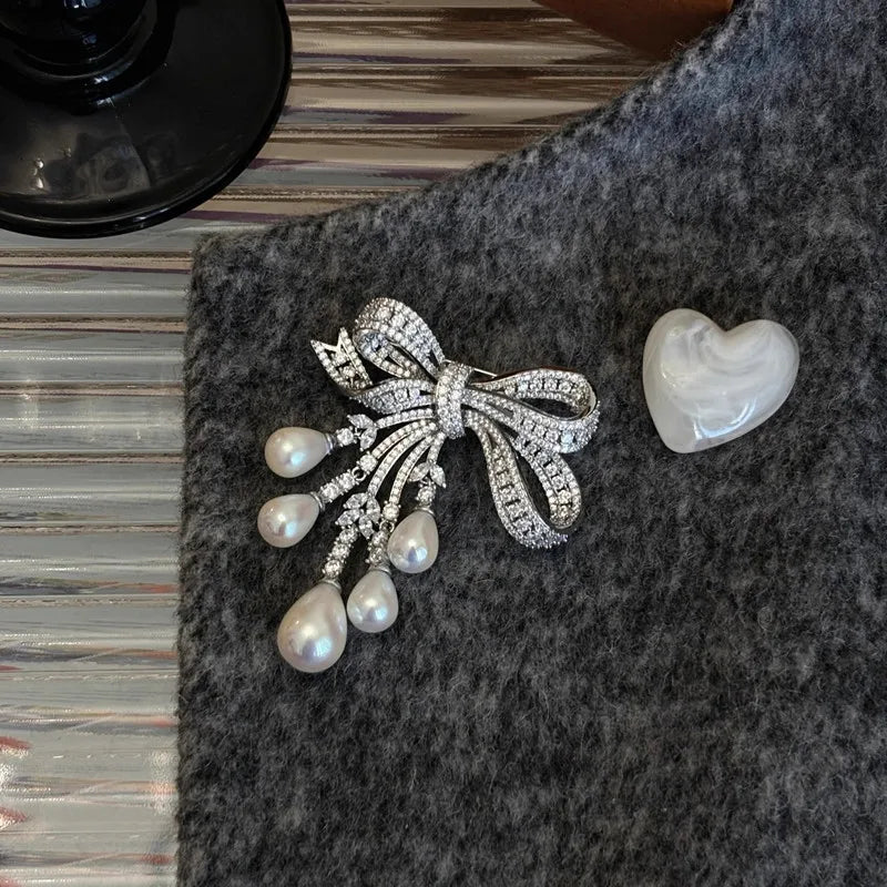 Zircon Pearl Bowknot Tassel Brooch — Crystal | KIMLUD