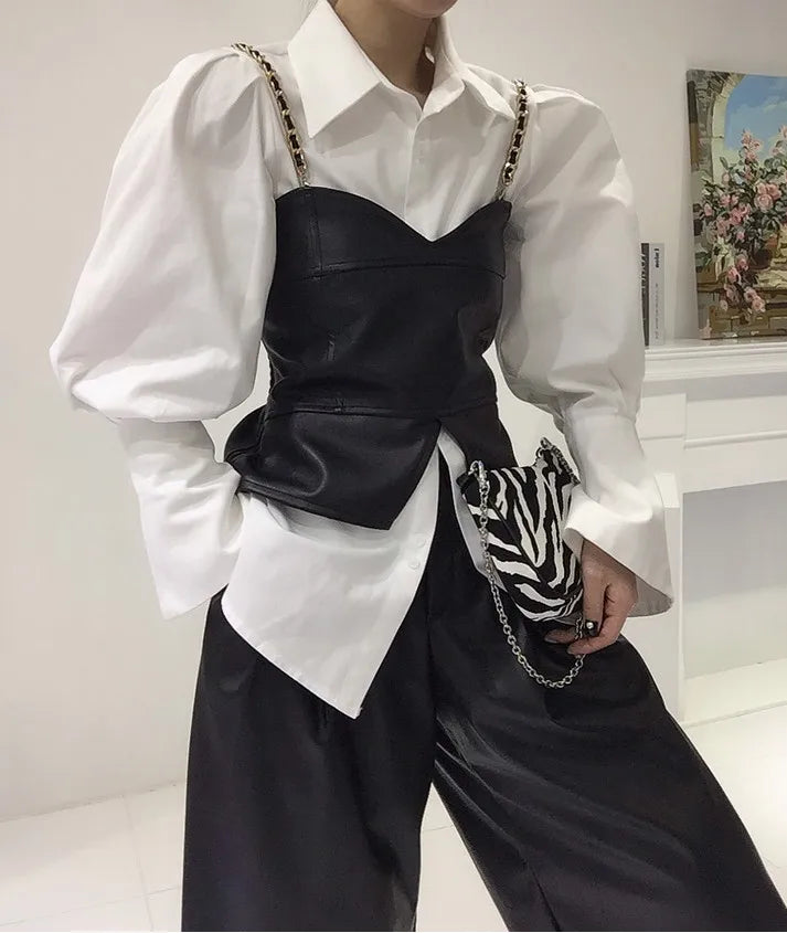 PU Leather Vest Two-Piece Shirt Set With Oversized Bubble Sleeves And Chain Detail — White | KIMLUD