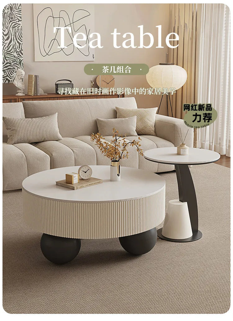 Minimalist Round Coffee Table With Storage Drawers — Ivory White | KIMLUD