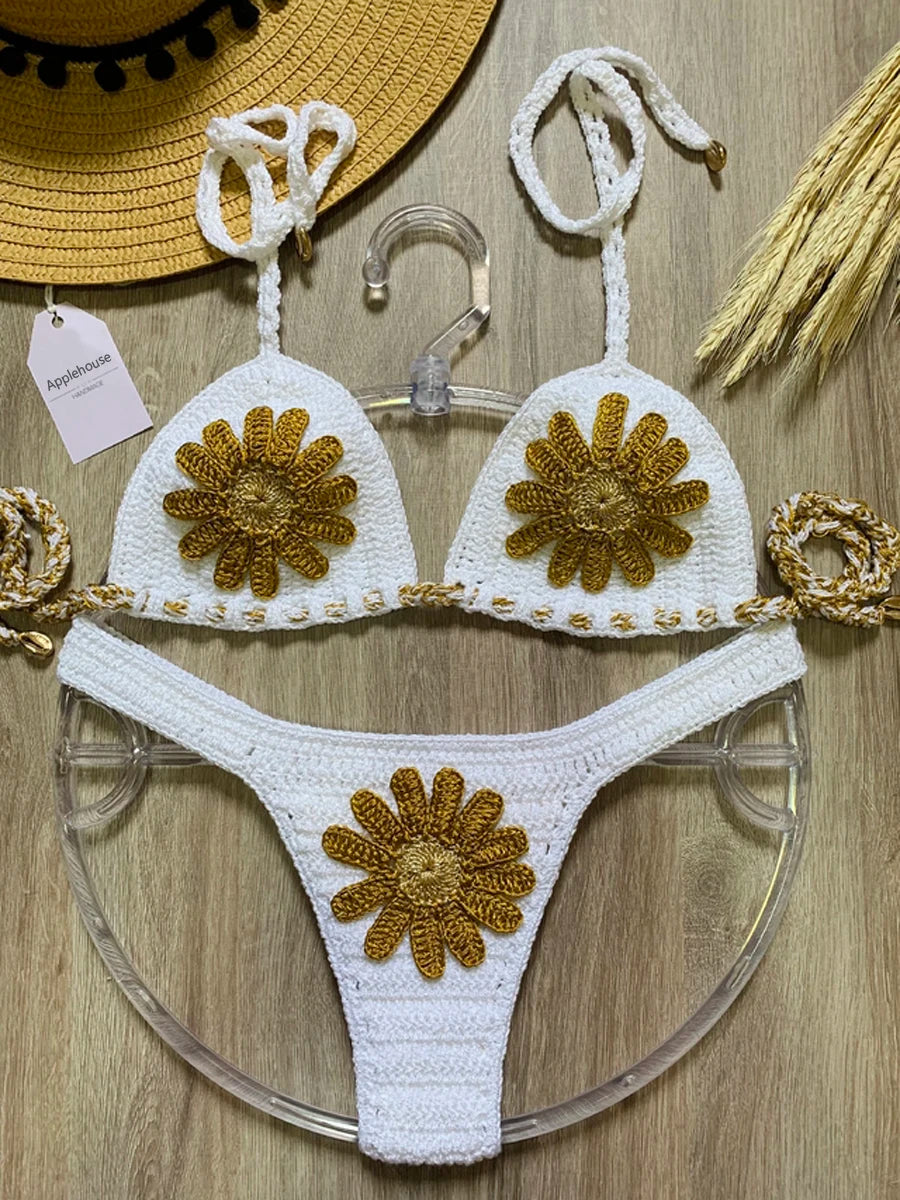 Crochet Bikini Set With Gold Floral Appliqués — Navy | KIMLUD