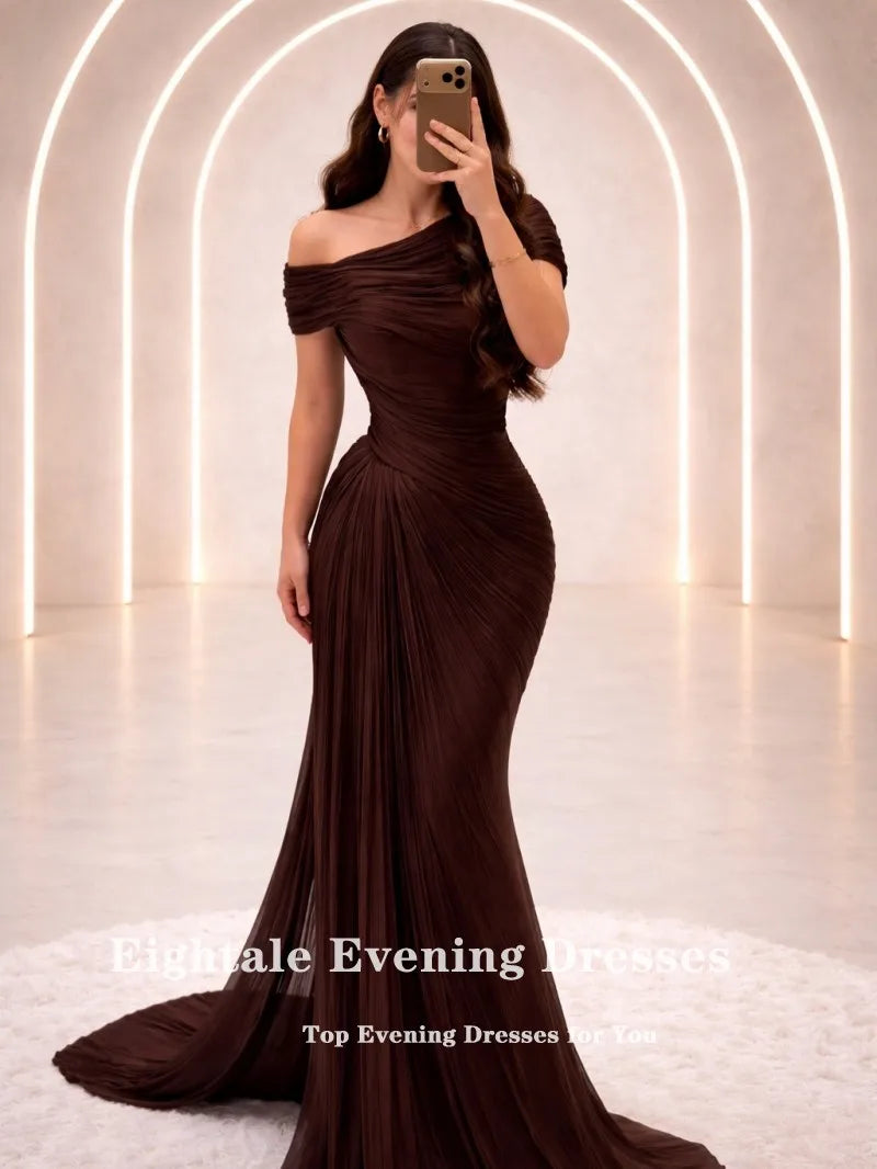 Mermaid Evening Dress – One Shoulder Pleats – Satin – Champagne | KIMLUD