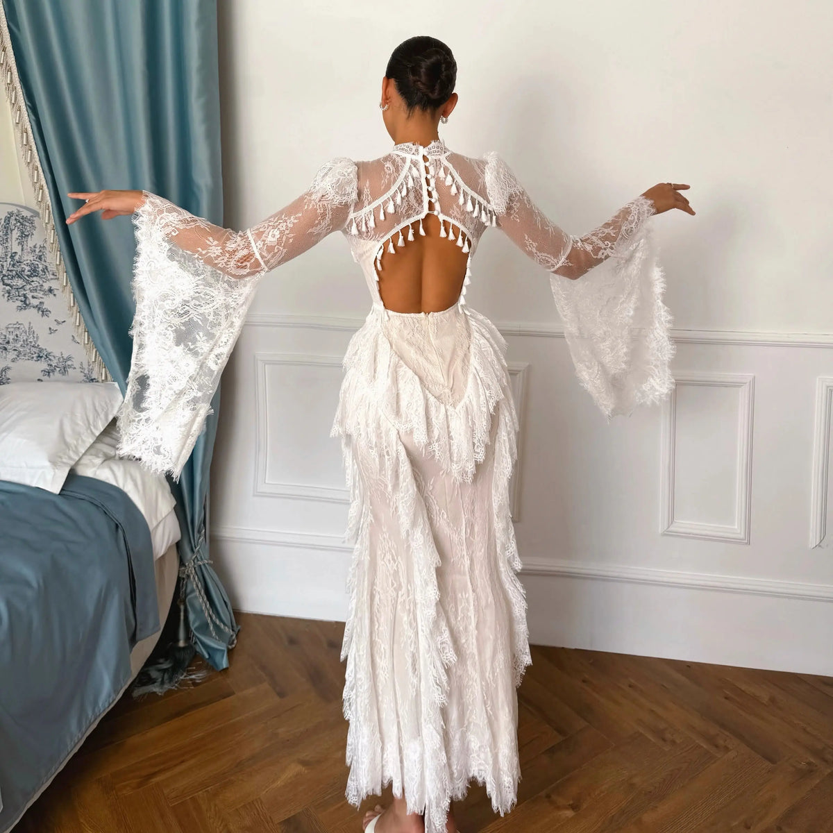 Maxi Dress – High Neck Lace Long Sleeve – Lace – White | KIMLUD