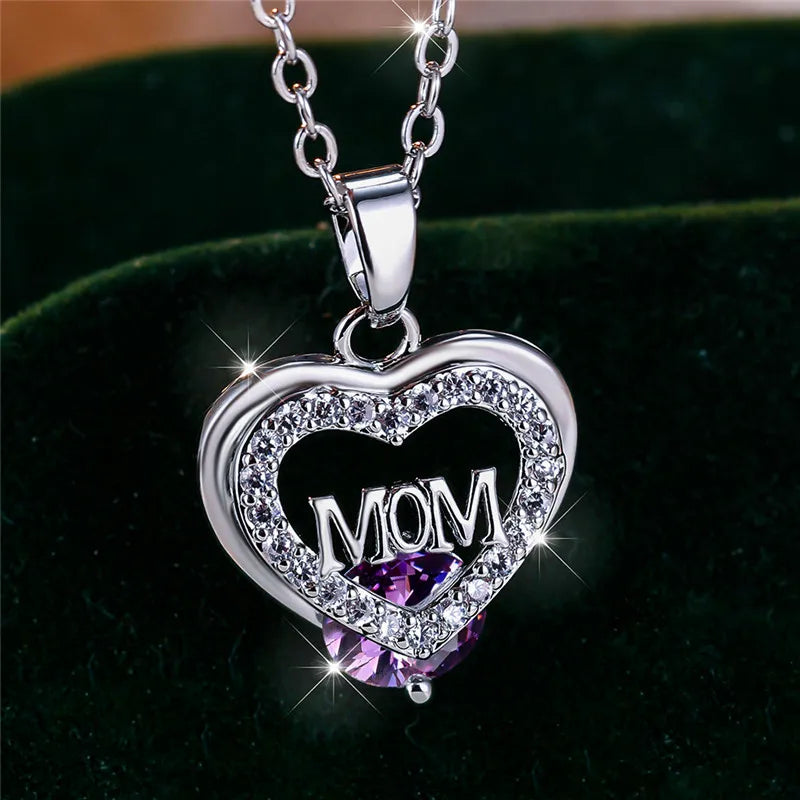 Crystal Luxury White Zircon Stone Heart Mom Letter Pendant Necklace Vintage Wedding Jewelry For Women Mother's Day Gift
