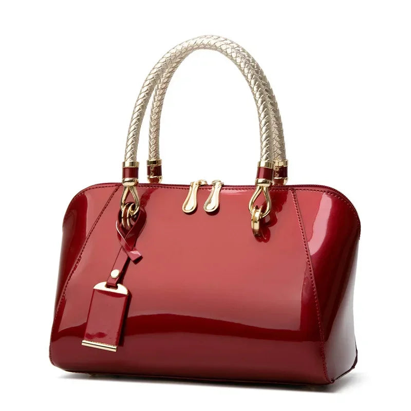 Shiny Faux Leather Boston Bag Deluxe — Ivory | KIMLUD