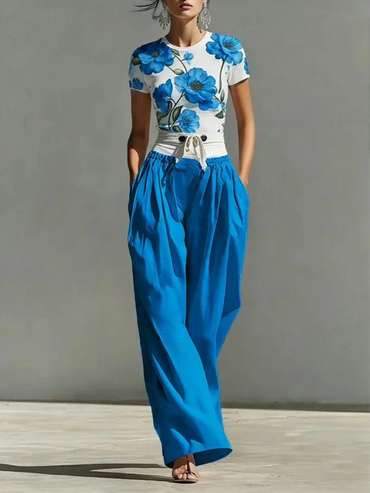 T-Shirt – Floral Print – Polyester – Blue | KIMLUD
