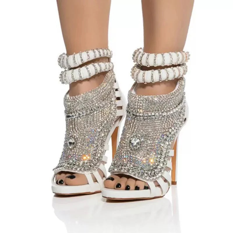 Rhinestone Stiletto Sandal With Back Zip — Black | KIMLUD