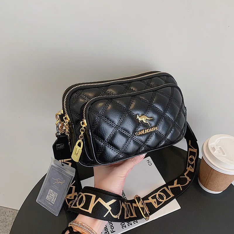 Leather Crossbody Bag Argyle Pattern With Multiple Pockets — Black | KIMLUD