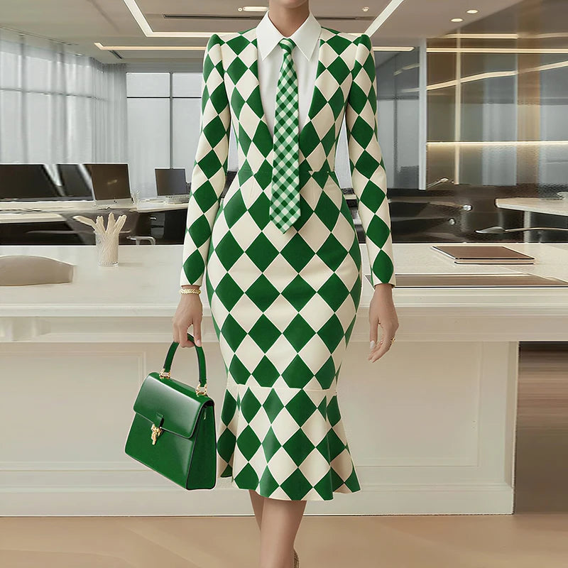Turn-Down Collar Simple Mermaid Dress, Women Spring Autumn Long Sleeve Print Trumpet Dress, New Fashion Office Chic Ladies Dress