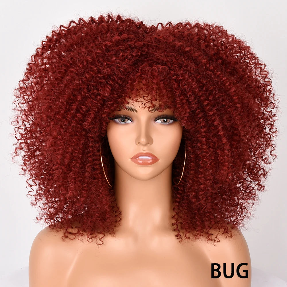 Afro Kinky Curly Hair Wigs With Bangs — Natural Brown Mixed | KIMLUD