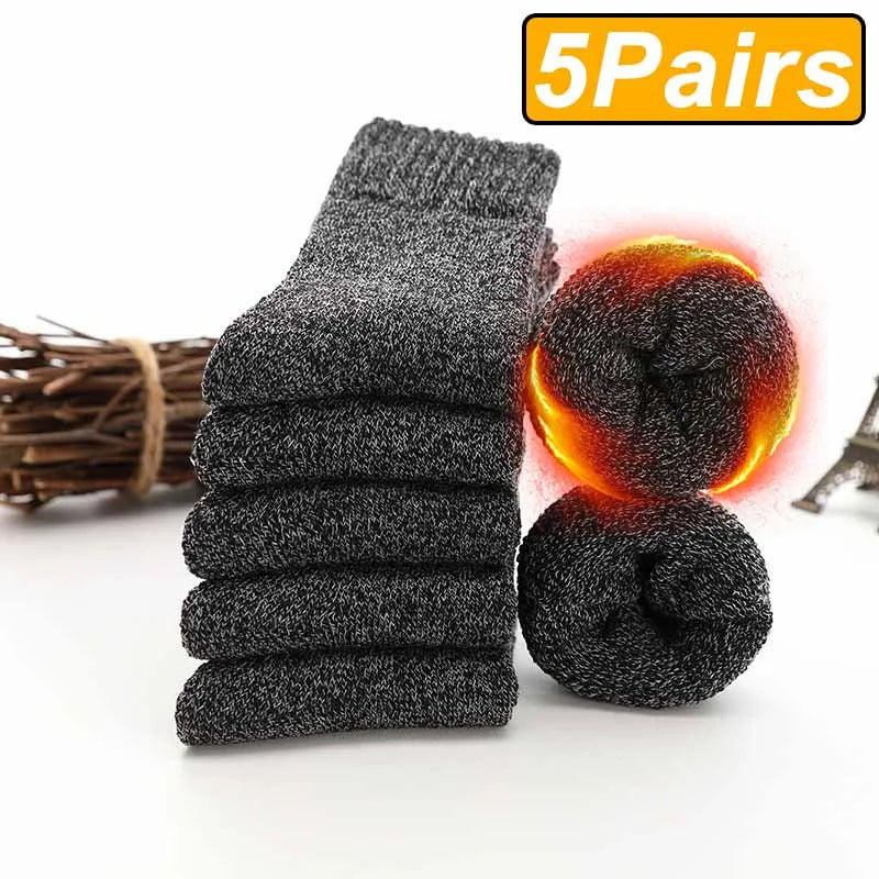 Merino Wool Socks Five-Pack Crew Thick Winter — Black | KIMLUD