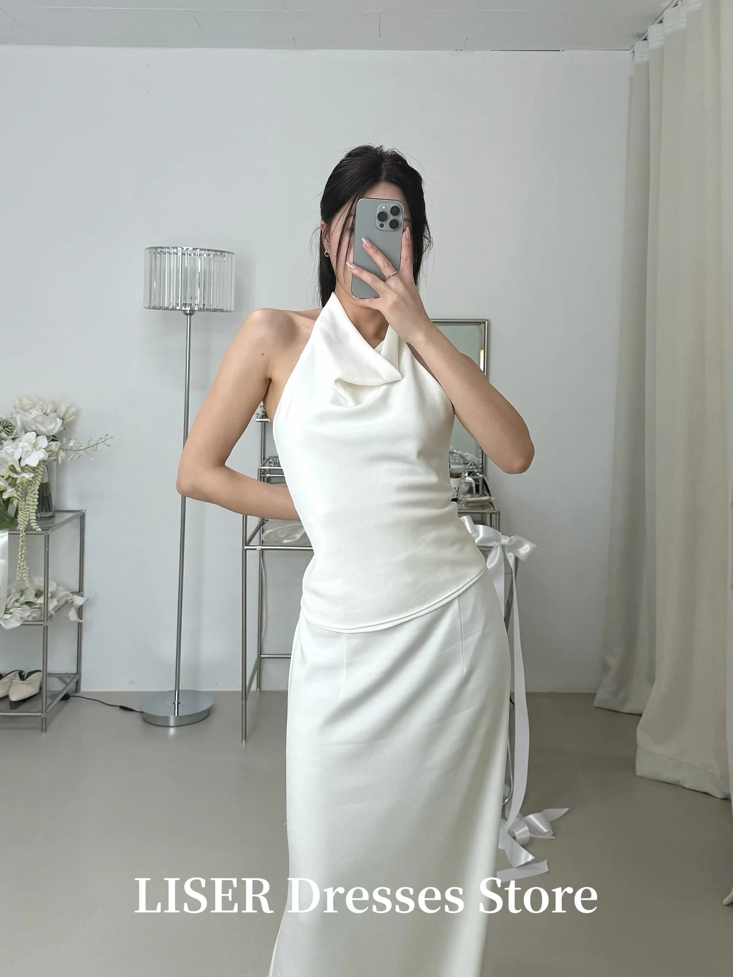 Liser Halter A-Line Simple Korea Wedding Dress Designed Silk Satin Elegant Long Bridal Gowns Photo Shoot 저녁 드레스 Customized