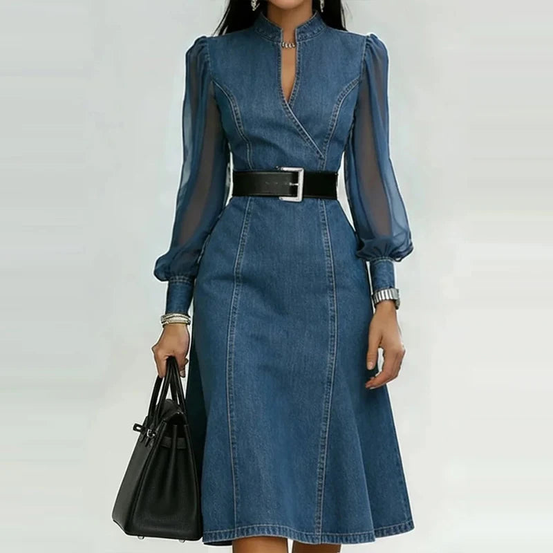 Denim Solid A-Line Midi Dress Belted — Navy | KIMLUD