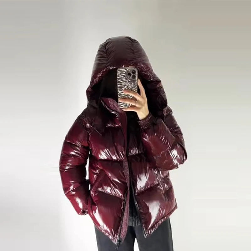 Chic Glossy Women's Thicken Cotton Coats Hooded Solid Loose Zippers Warm Lady Coat 2025 Winter Casual Female Street Jackets
