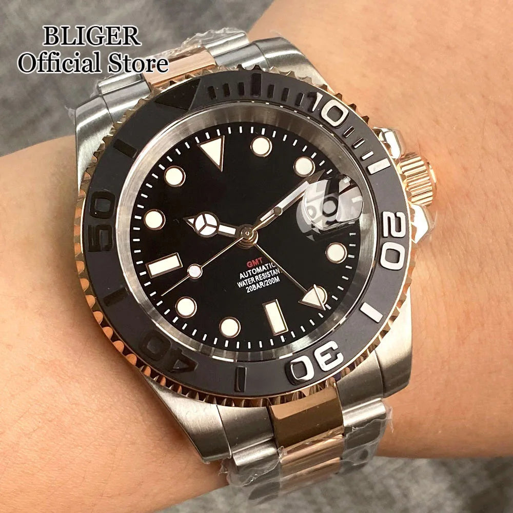 20ATM Waterproof 40mm Rose Gold NH34 GMT Automatic Watch For Men Steel Strap Ceramics Bezel Sapphire Glass Luminous