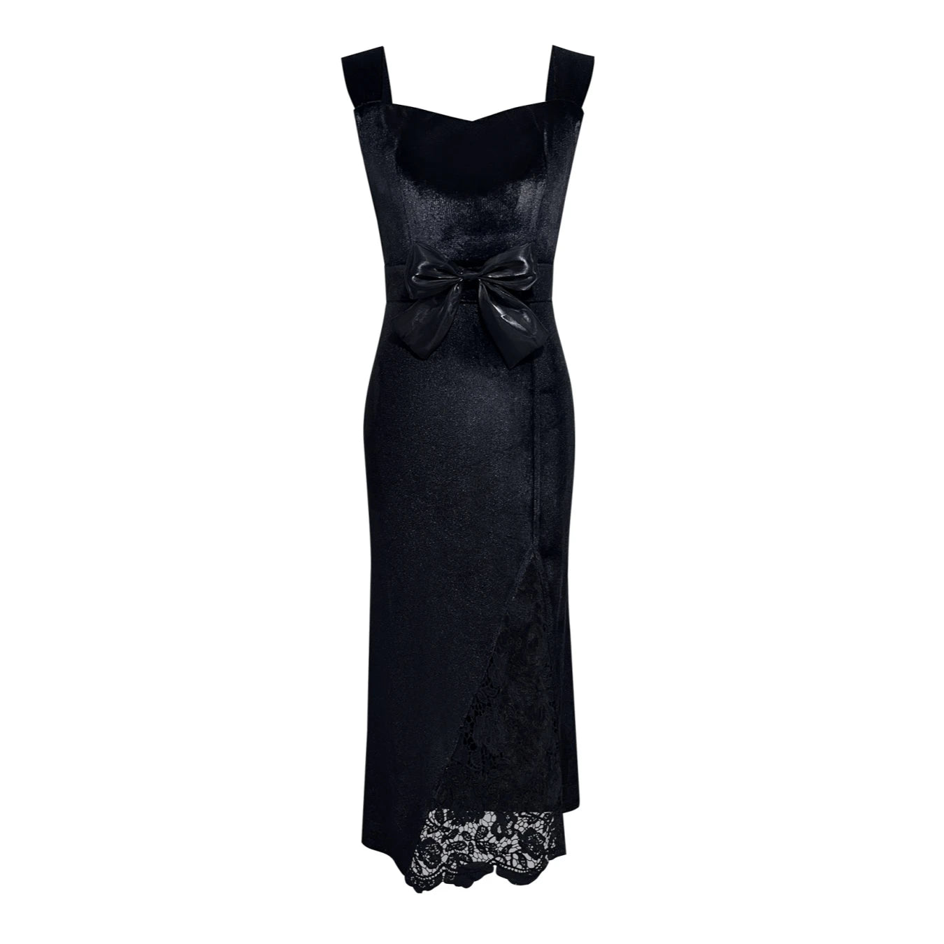 Velvet Maxi Dresses With Bow Waist Lace Patchwork — Black | KIMLUD