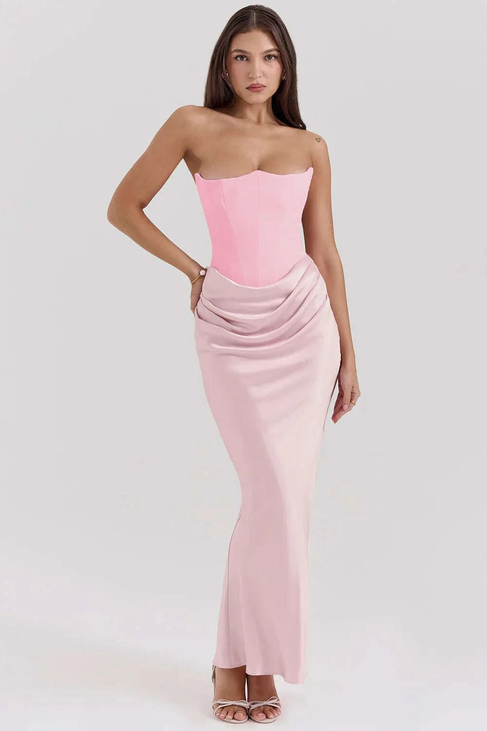 Elegant Pink Strapless Satin Patchwork Maxi Dress Women Sexy Sleeveless Ruched Bodycon Dresses Evening Cocktail Party Long Dress