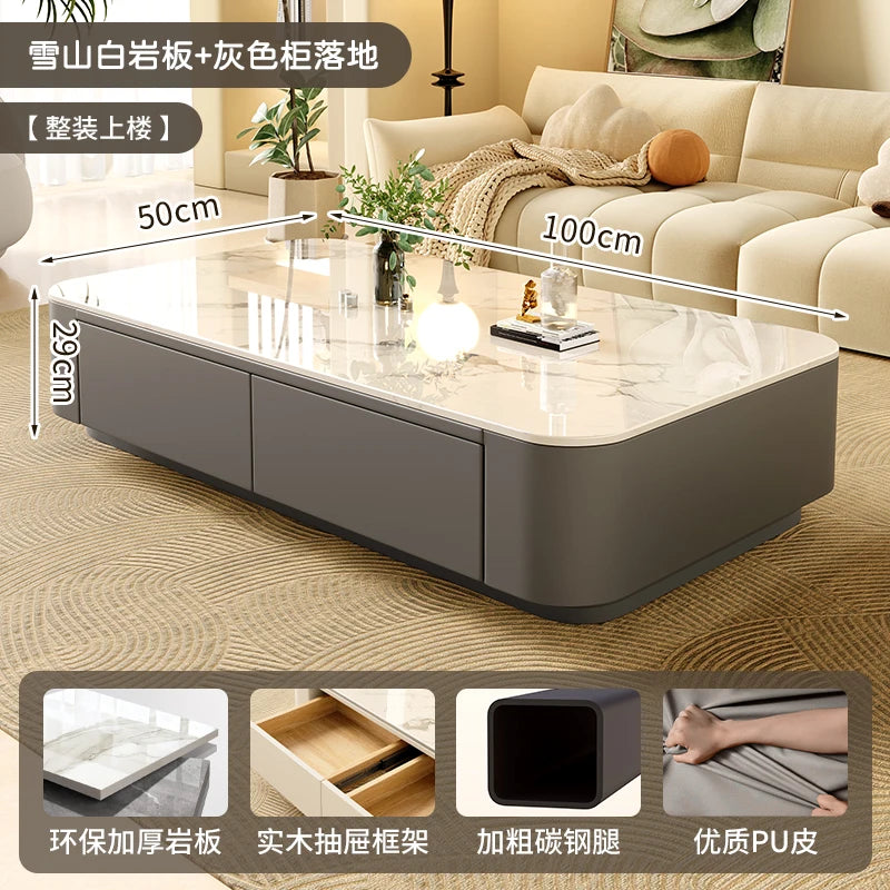 Rock-Slab Coffee Table With Wooden Frame — White | KIMLUD