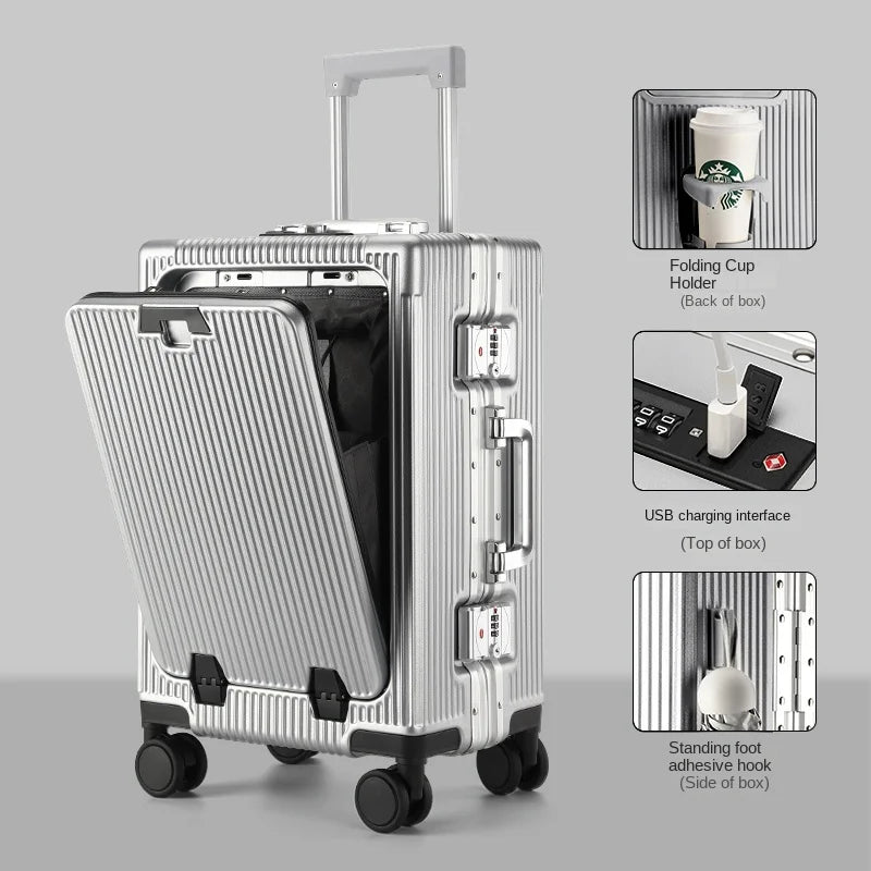 New Suitcase Front Opening Laptop Bag Aluminum  Frame Luggage with USB Port Password Trolley Case Travel Suitcases 20-28 inch