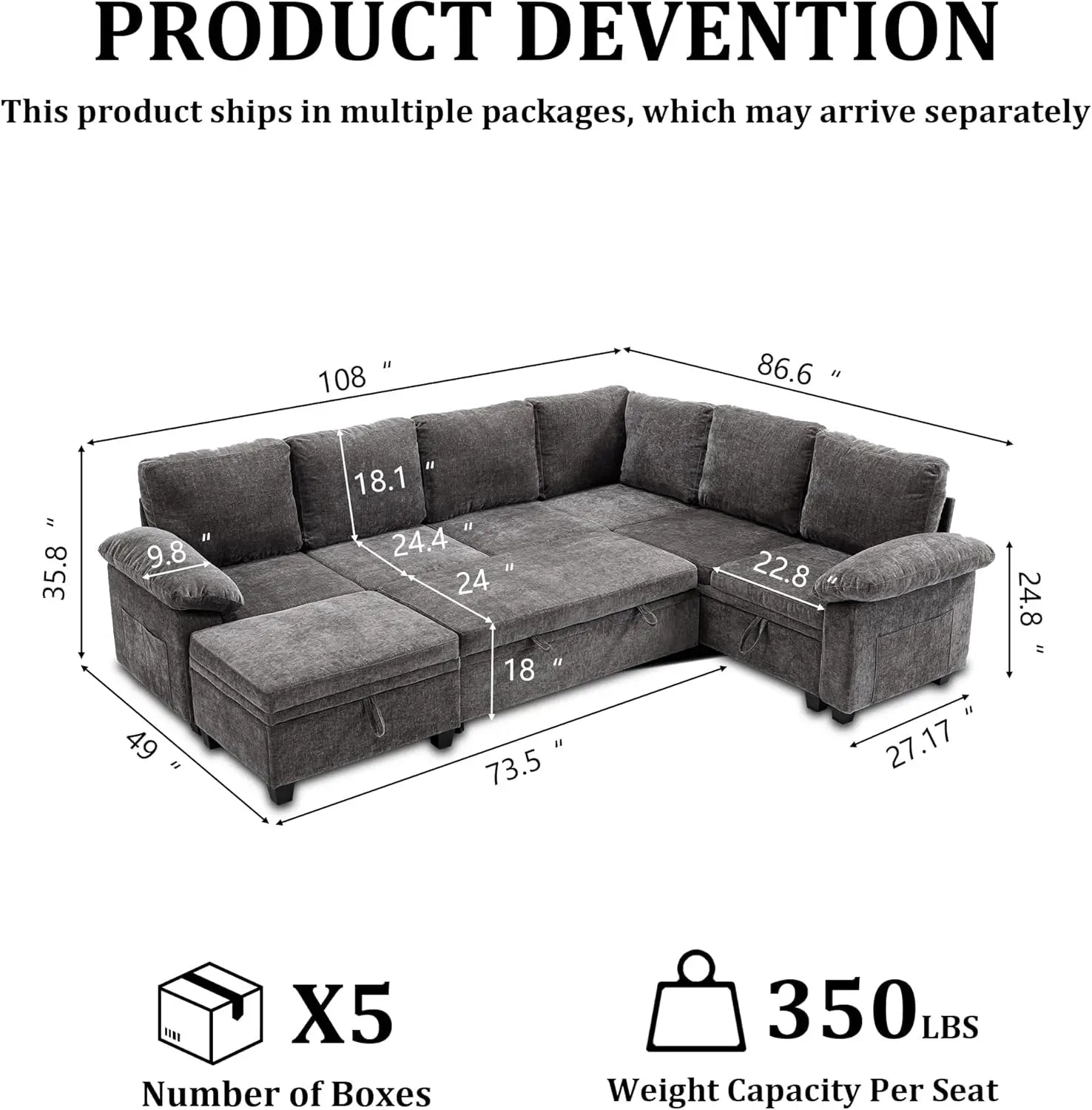 108 Inch Sectional Sleeper L Shaped Sofa with Pull Out Bed, 7 Seat Modular Sectional Sofa with Storage, Modern Chenille Cloud Co