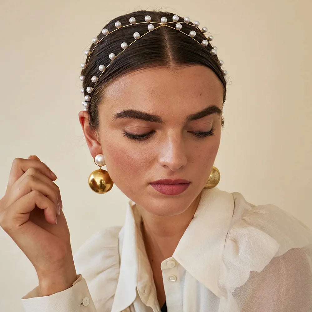 Stonefans Fashion Double Layer Pearl Headband Bridal for Women Wedding Cross Pearl Hair Accessory Elegant Hairband Jewelry