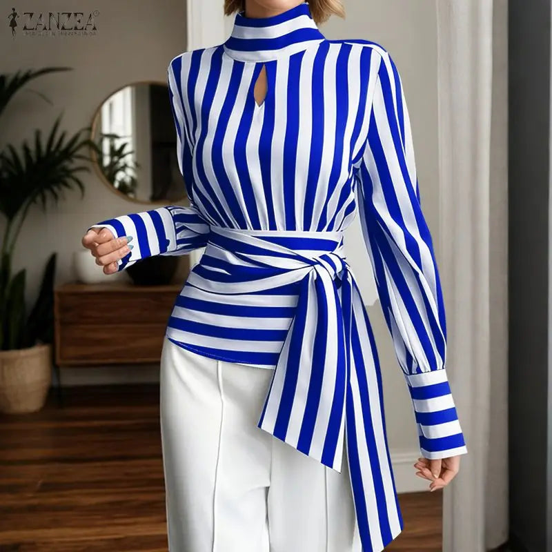 ZANZEA Women Stylish Tie Waist Striped Blouses 2025 Autumn Fashion Long Sleeve Cutout Turtleneck Tops Woman Clothing Streetwear