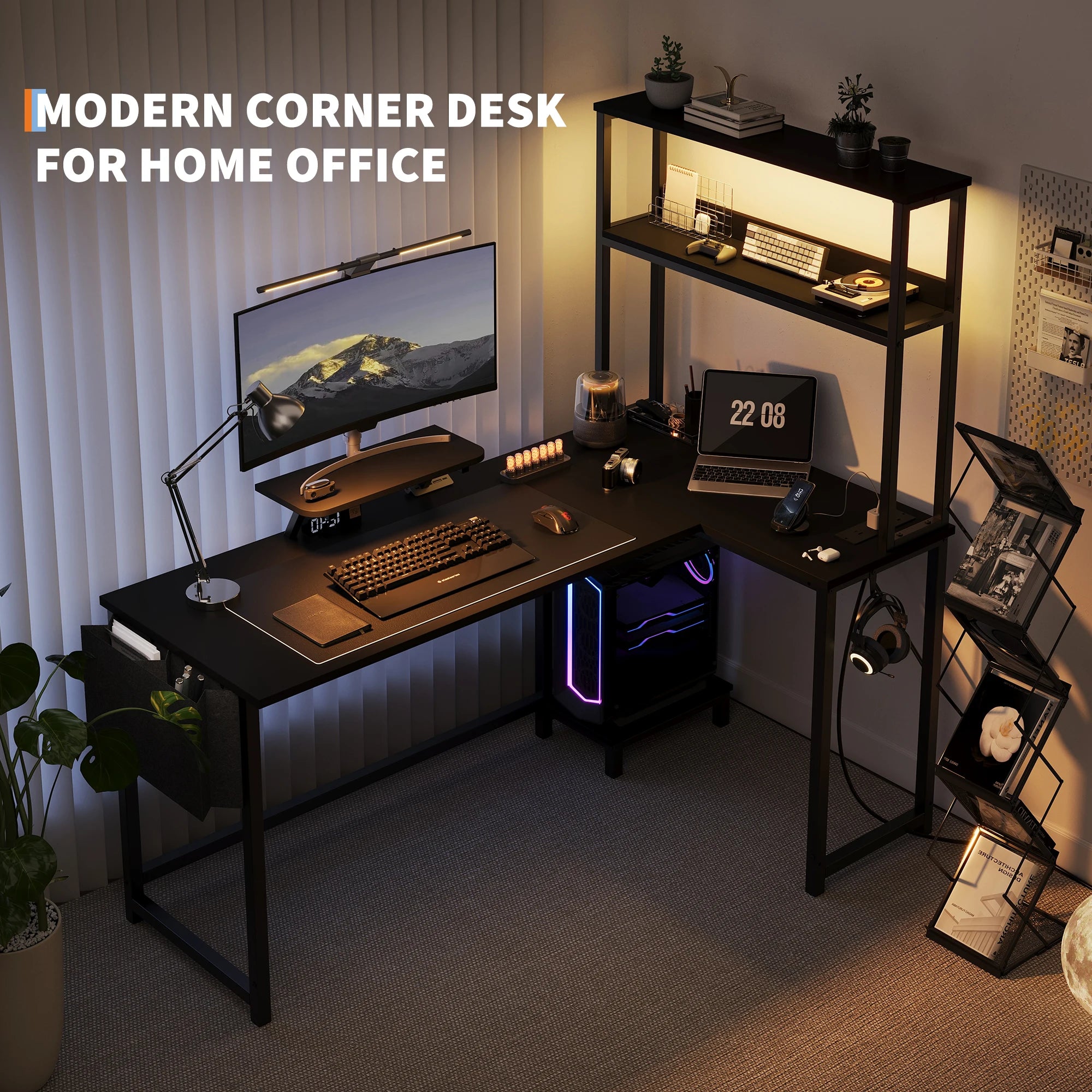 L Shaped Gaming Desk with Power Outlets & LED Lights, Corner Desk with Monitor Stand for Home Office, Space-Saving