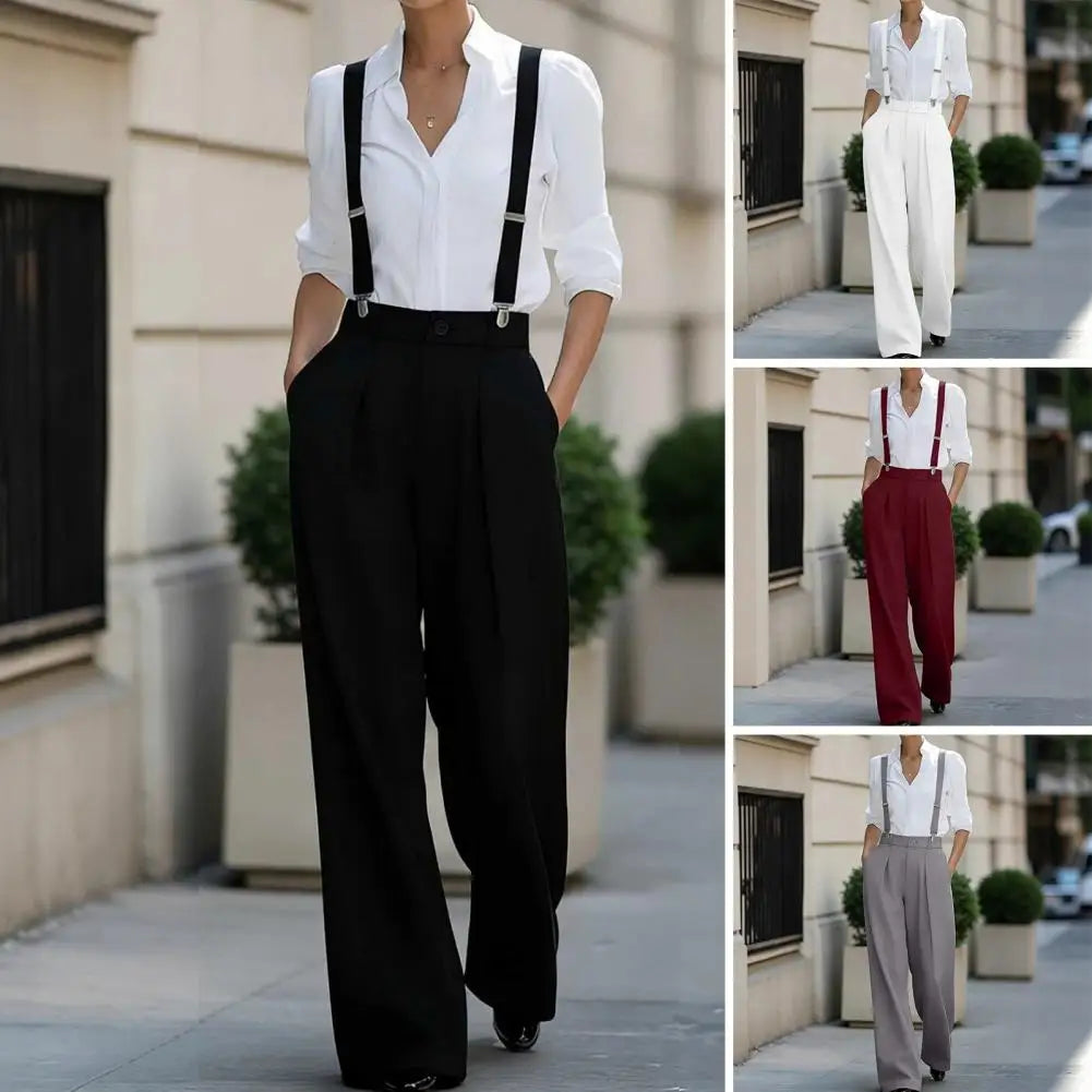 Wide Leg Suspender Trousers With Detachable Gray Straps — Black | KIMLUD