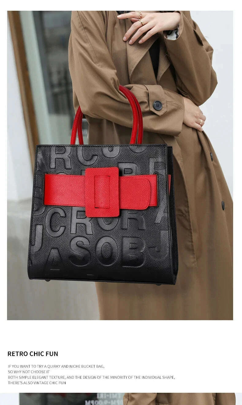 KIMLUD, Aidrani  Fashionable women's large capacity handbag with letter print design, made of cowhide material, square, black, KIMLUD Womens Clothes