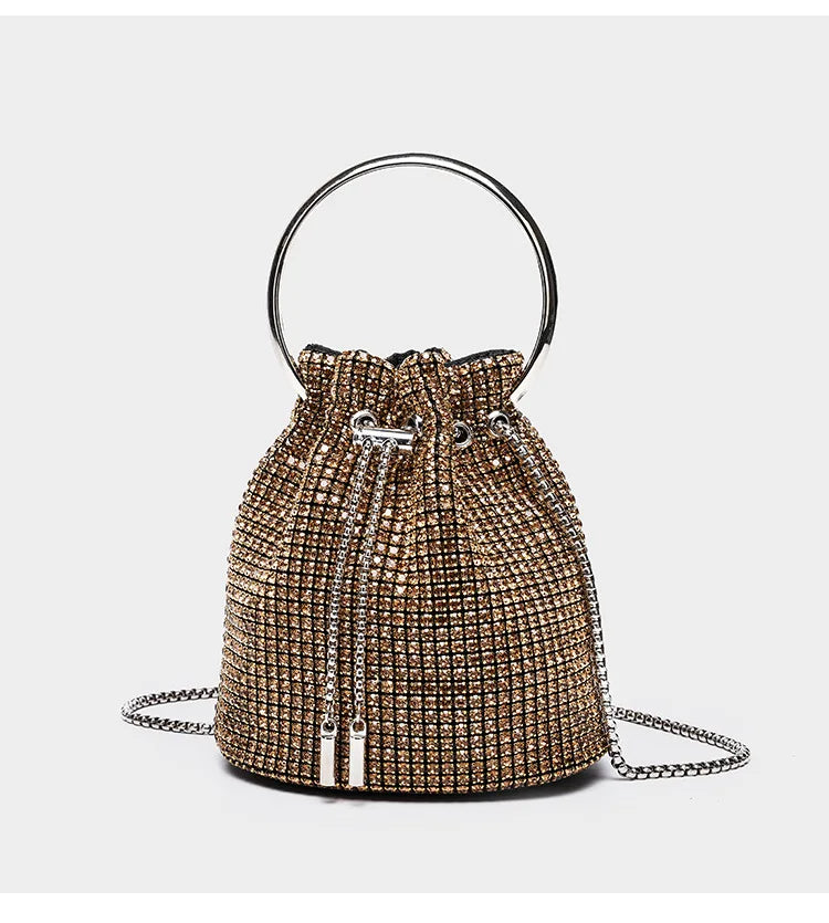 Diamond-Embellished Bucket Bag Water Drop — Champagne Gold | KIMLUD