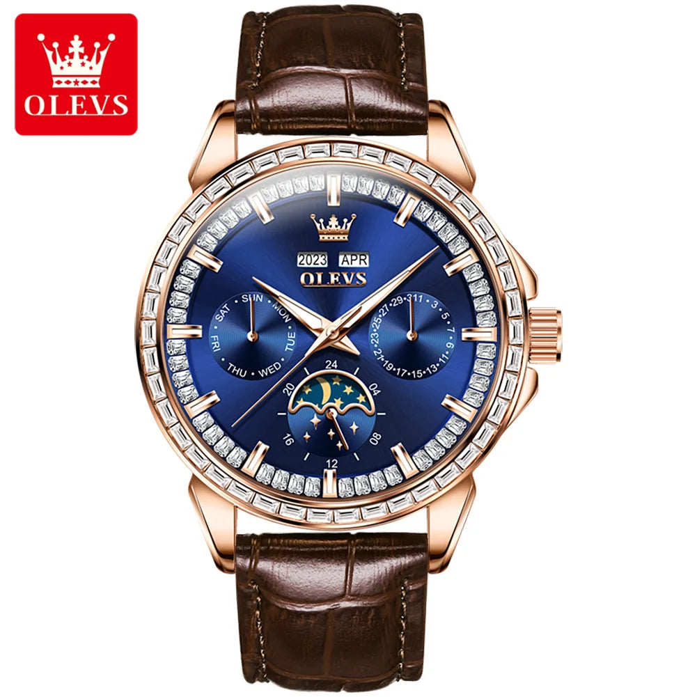 Leather Strap Watch Moon Phase Dial — Sapphire Blue | KIMLUD