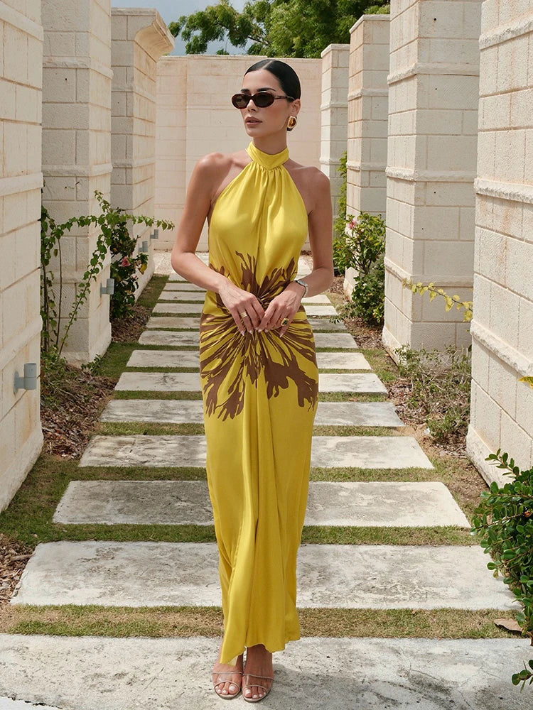 Halter Backless Dress - Print - Polyester - Slim Fit | KIMLUD