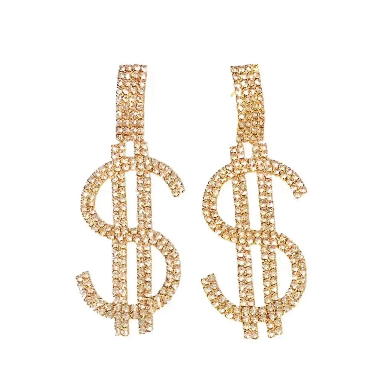 Sparkling Crystal Dollar Pendant Earrings Copper Base — Clear | KIMLUD