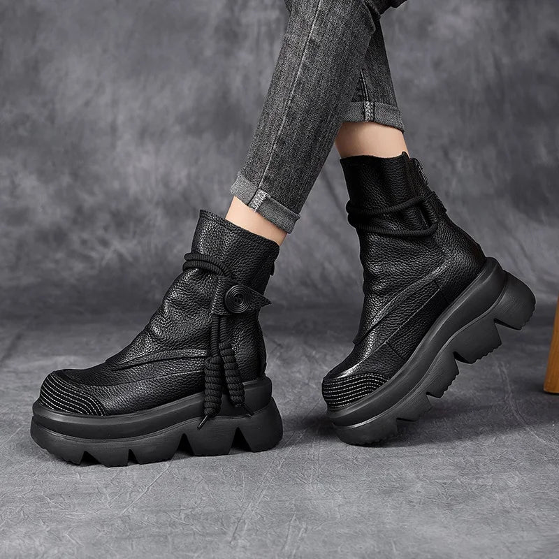DRKANOL Fashion Thick Bottom Retro boots Women Autumn Winter Thick Plush Warm Platform Wedges Heel Back Zipper Ankle Boots Lady