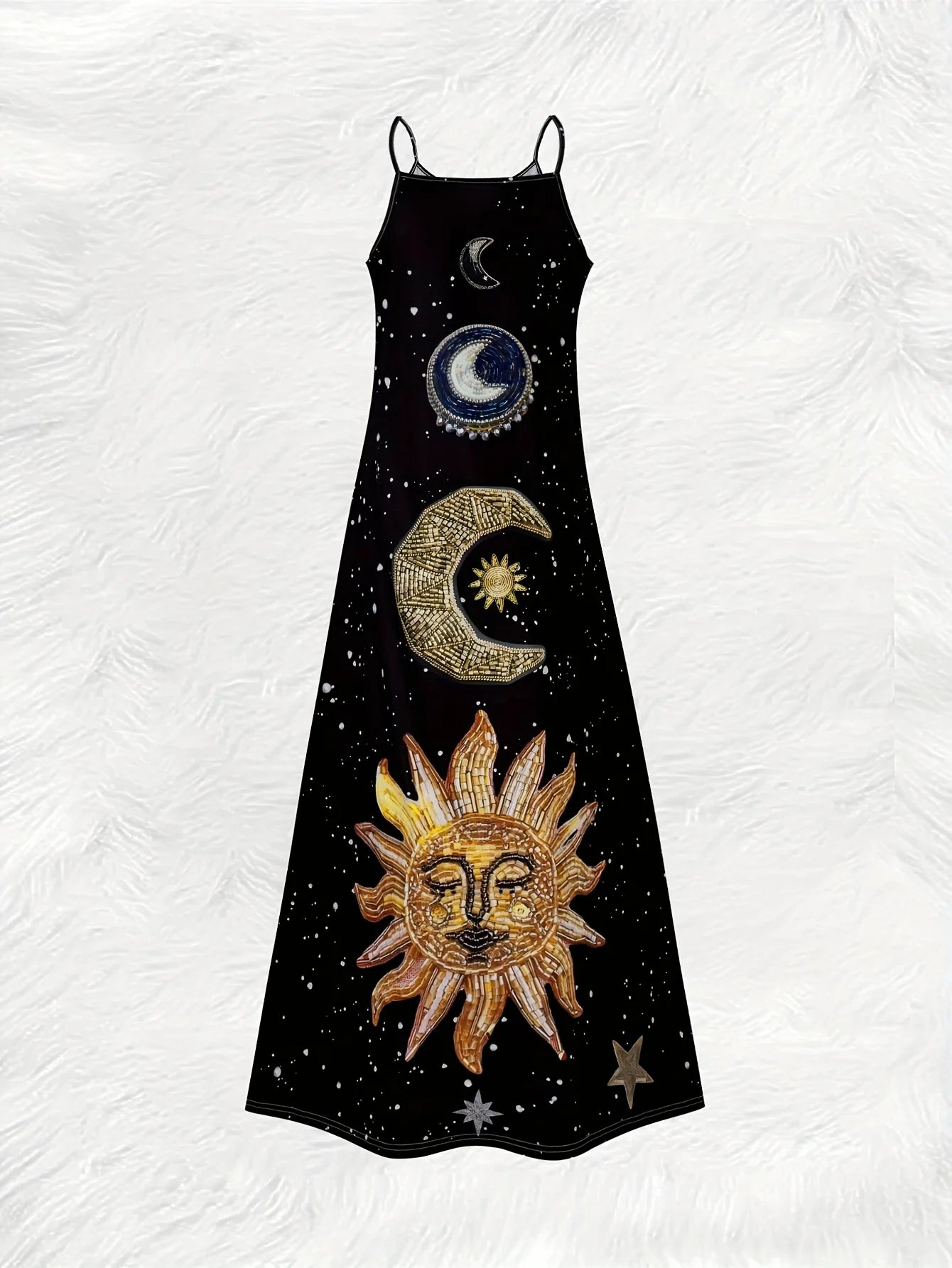Polyester Slip Maxi Dress Astral Print Round Neck — Multicolor | KIMLUD