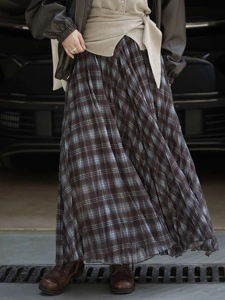 Skirt - High Elastic Waist - A-Line - Blue Coffee Plaid | KIMLUD