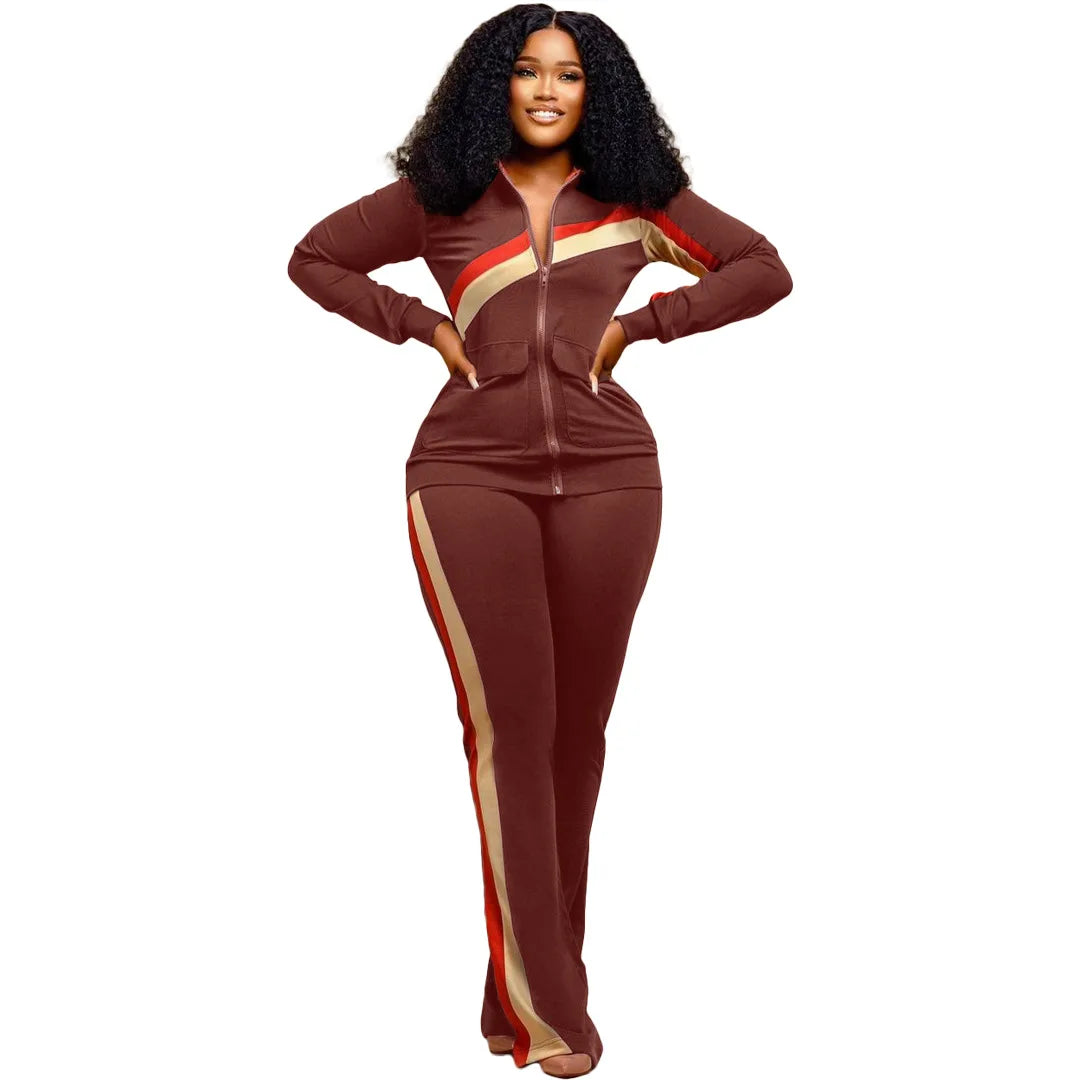 Custom LOGO Spring  Women's Sports Casual Fashion Color-matching Pocket Lapel Zipper Top Straight Pants Two-piece Set S-4XL