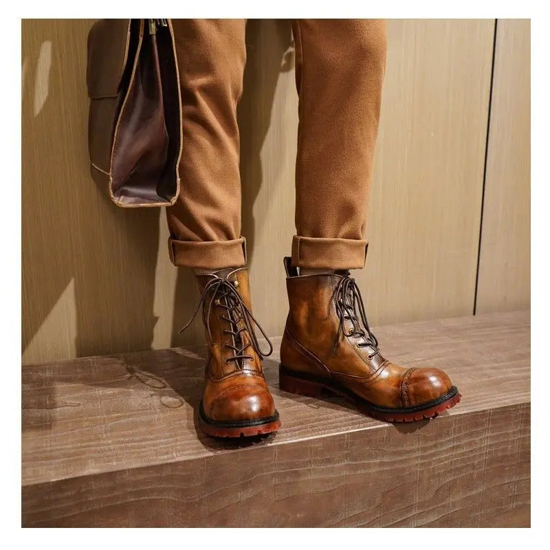 Cow Genuine Leather Motorcycle Boots Brogue Shoes Retro High Big Head Chelsea Men's Boots Ankle Boots For Men Brown