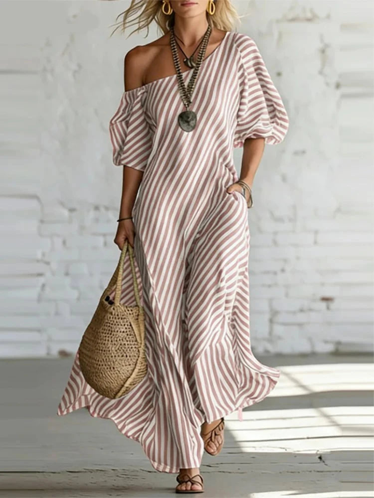 Single-Shoulder Bubble-Sleeve Dress Striped Print Loose-Fit — Black And White | KIMLUD