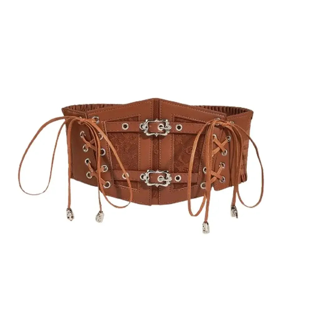 Retro Wide Belt PU Stretch Cummerbunds Belts — Brown White | KIMLUD