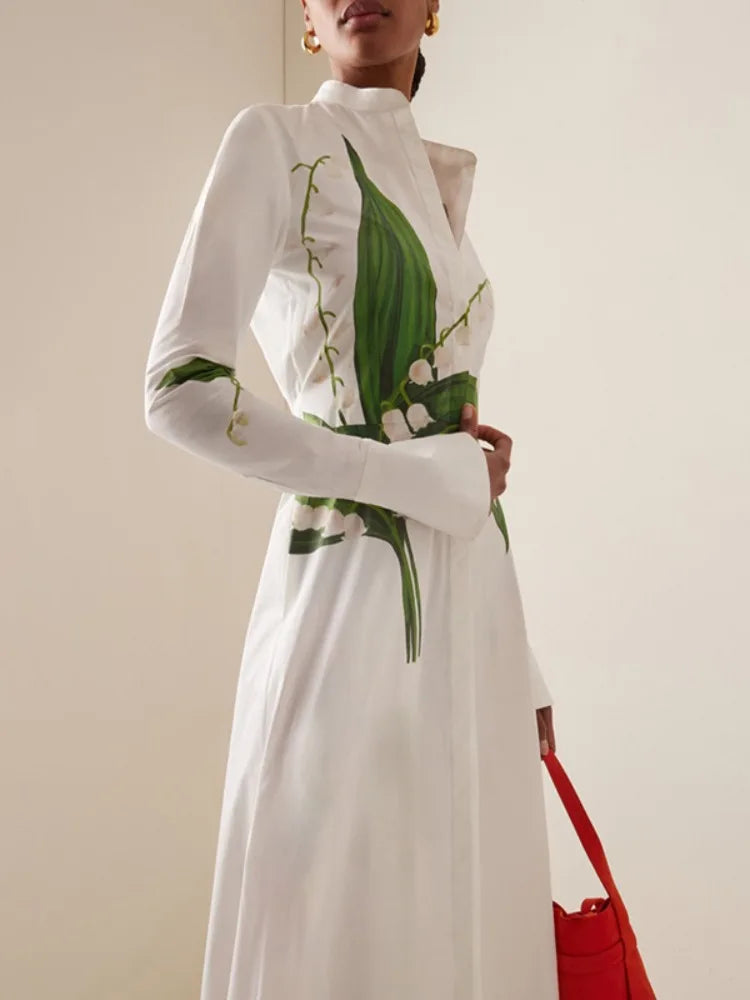 Women's Elegant Floral Printed Formal Office Shirts Dress Long Sleeves Buttoned Stand Collar Party Evening A-line Maxi Dresses