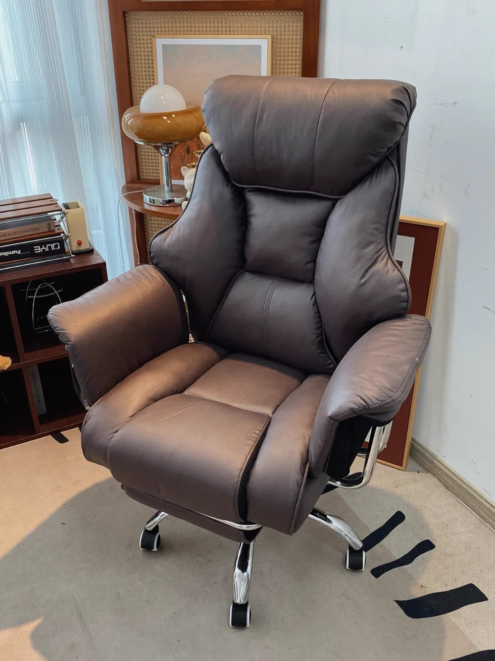 PU Leather Office Chair Reclining With Footrest — Espresso Brown | KIMLUD