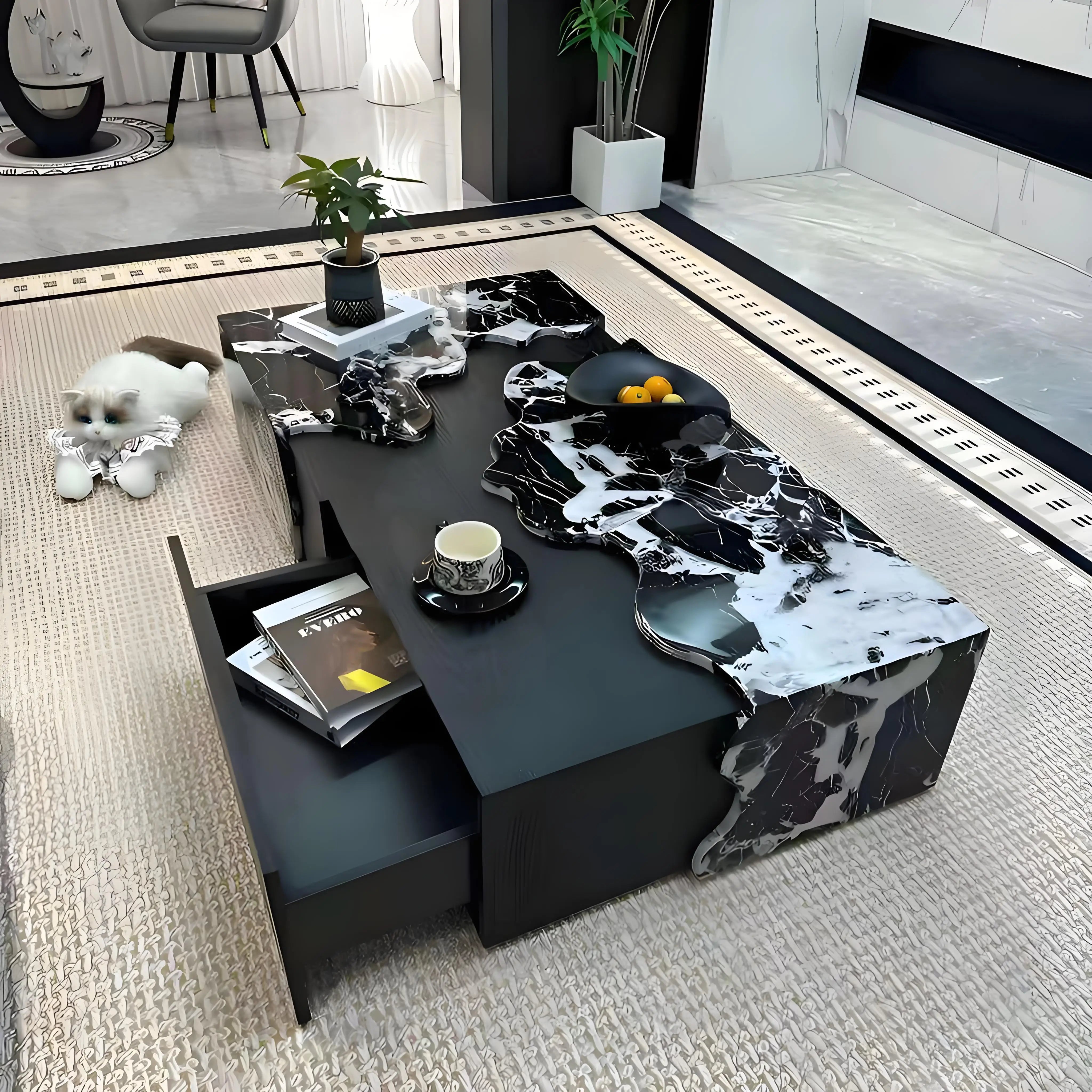 Italian Designer Marble Coffee Table - Minimalist Luxury Rectangle Art Furniture for Compact Living