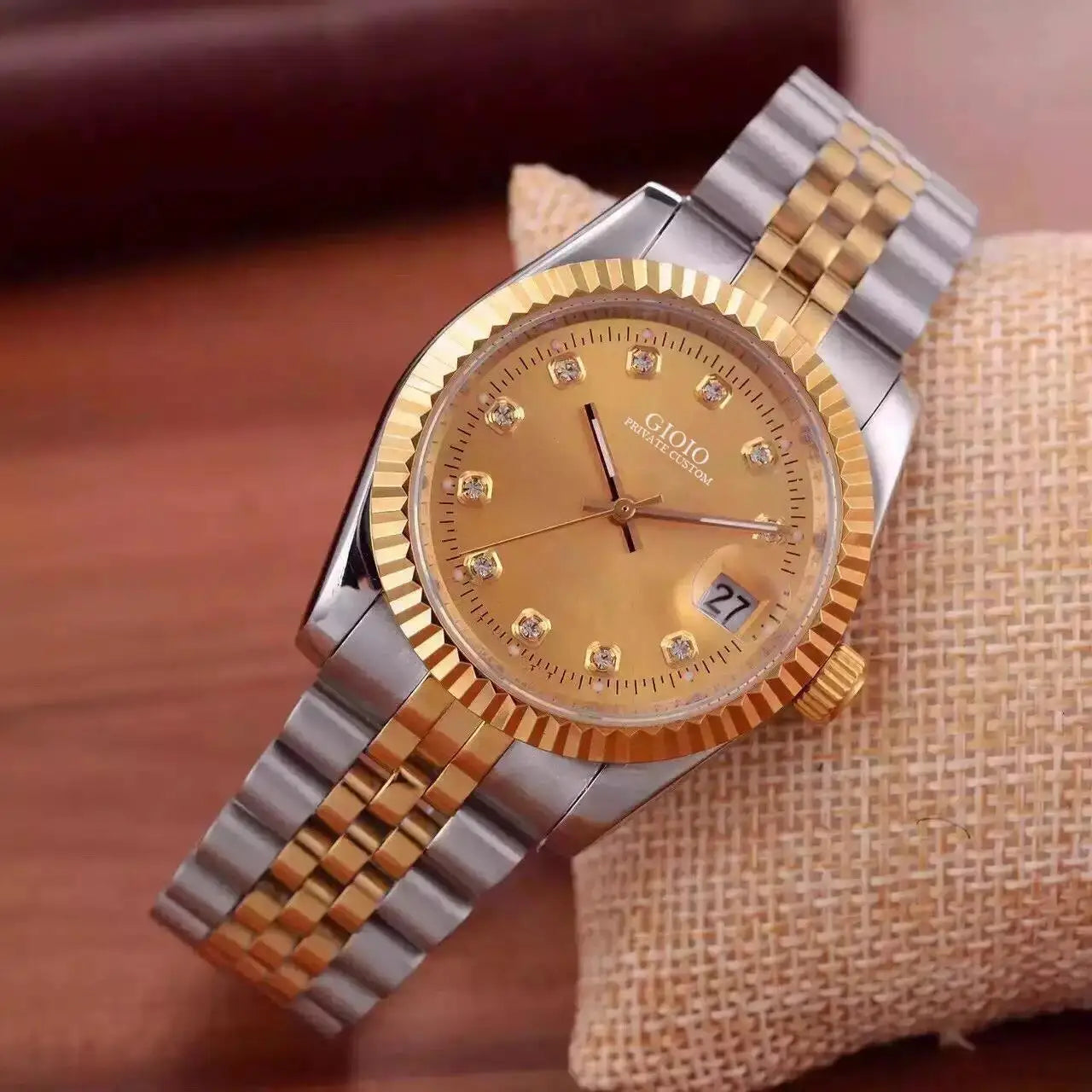 Two-Tone Stainless Steel Watch Diamond Hour Markers — Silver and Gold | KIMLUD