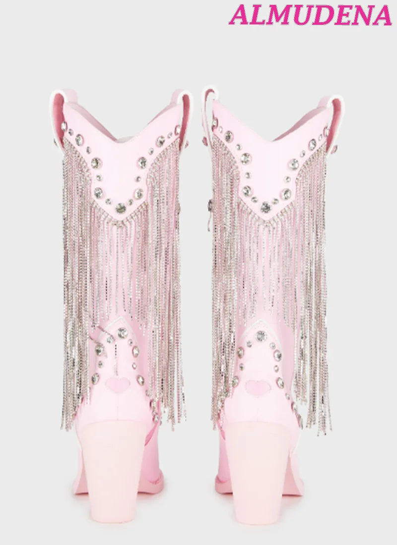 KIMLUD, Pink Crystal Tassels Cowboy Boots Women Chunky Heel Glitter Gem Pointed Toe Knee High Boots Luxury Designer 2023 New Shoes, KIMLUD Womens Clothes