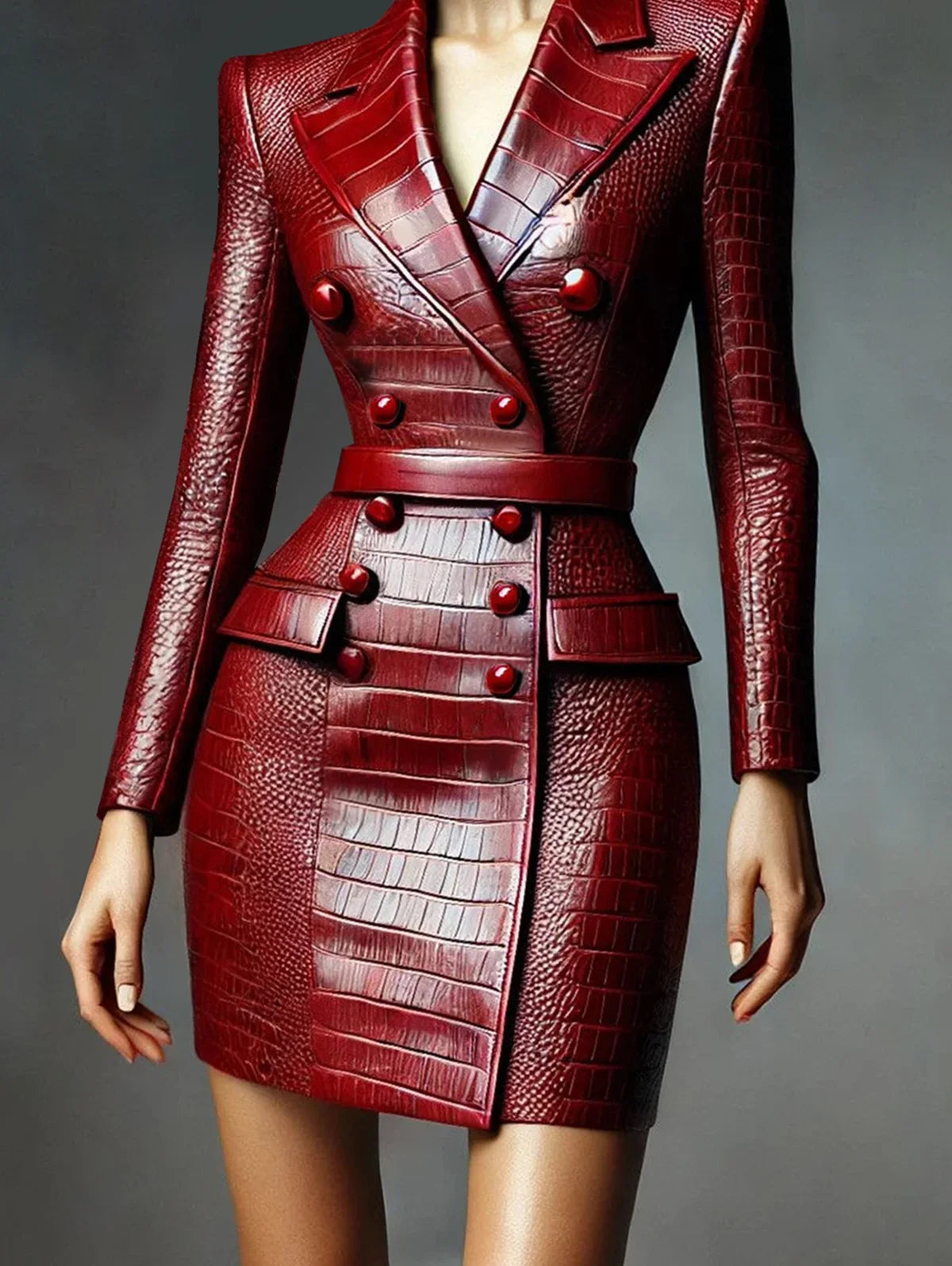 Women PU Leather Double Breasted Alligator Pattern Belt Mini Dress Luxury High Street Slim Vintage Elegant Lapel Collar Dresses