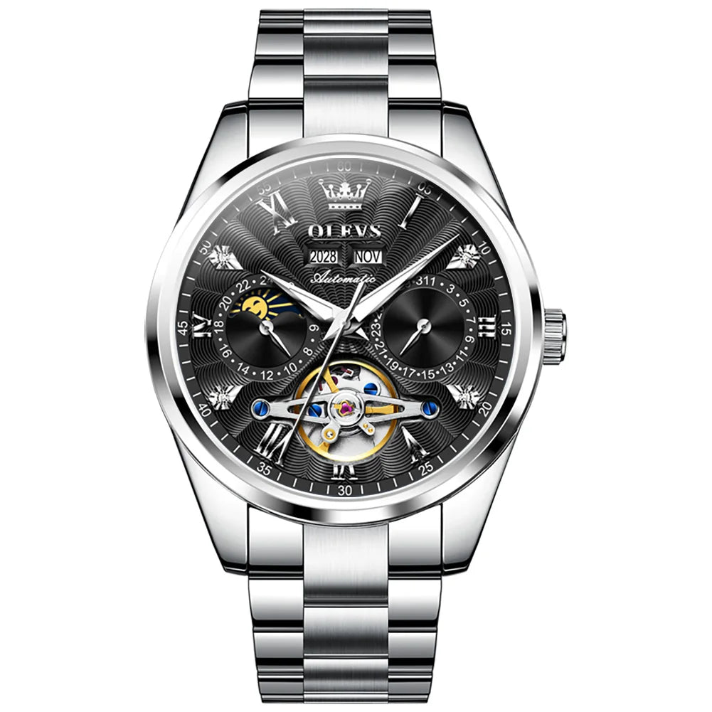 OLEVS Men's Watches Tourbillon Style Trend Fashion Original Automatic Mechanical Wristwatch Waterpoorf Luminous Moon Phase Clock