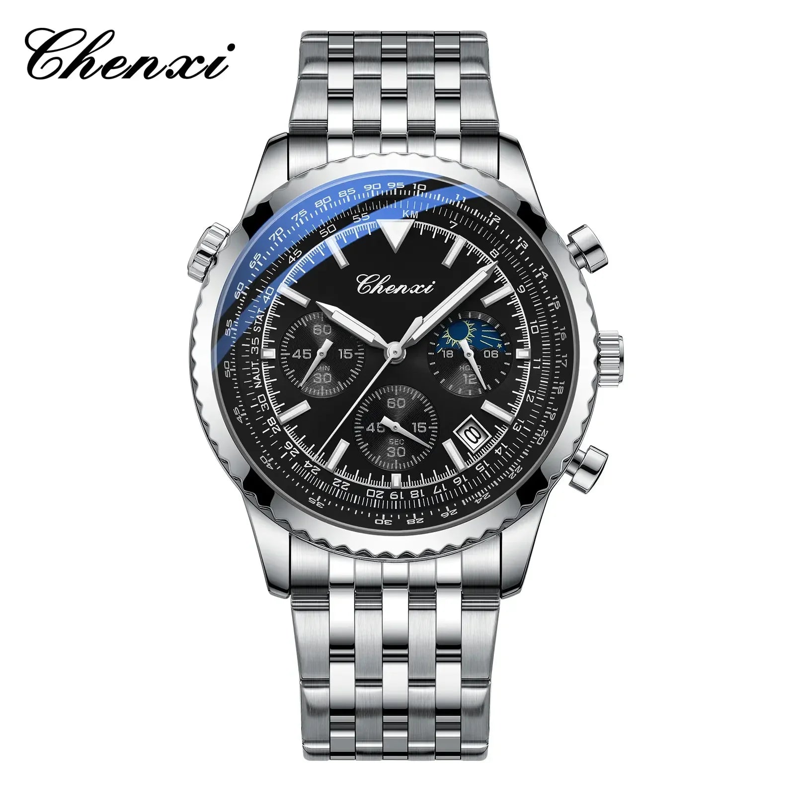 Luxury StopWatch Moon Phase Waterproof Male Clock Luminous Date Stainless Steel Square Quartz Men Watch reloj hombre