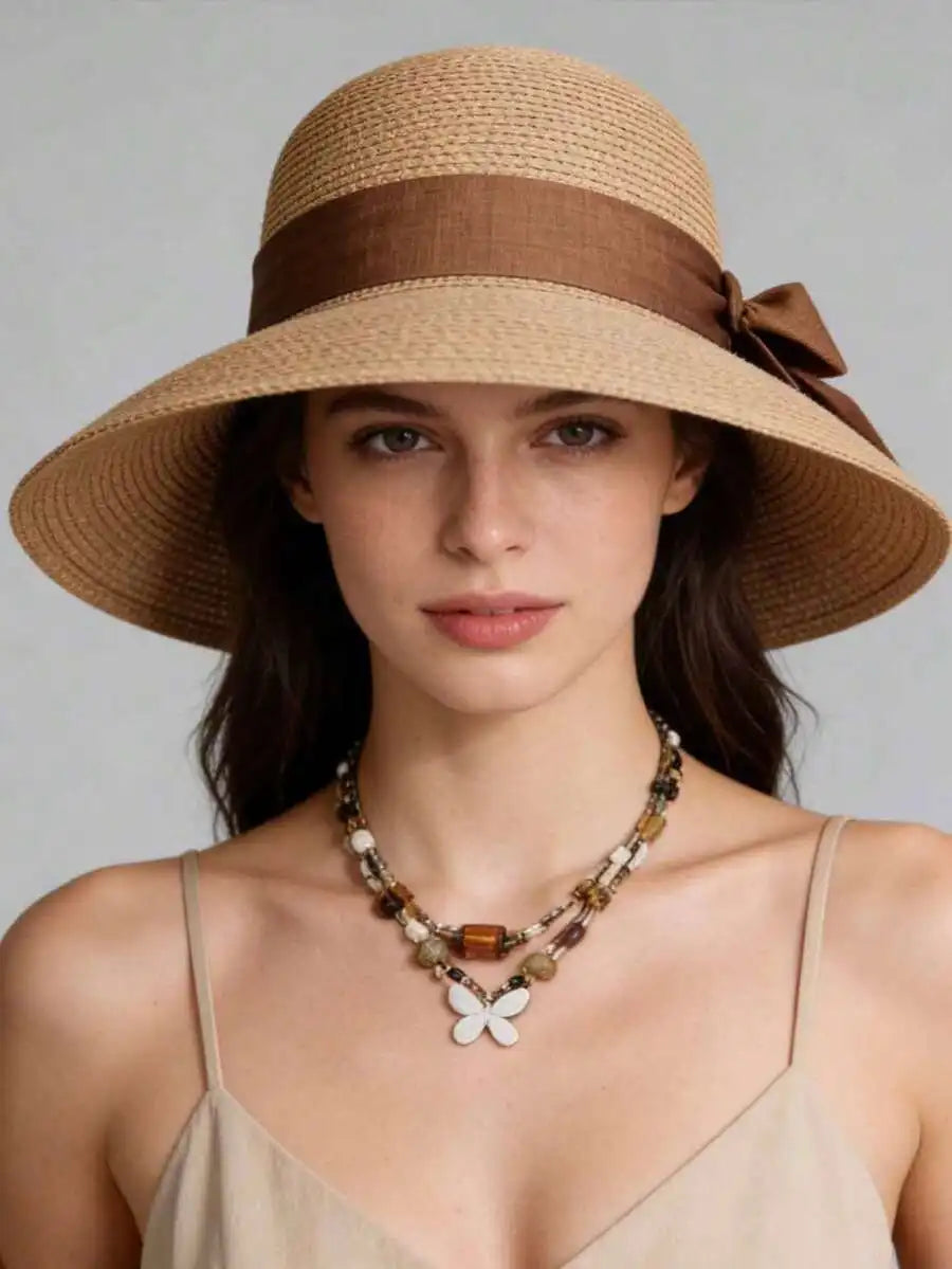 Womens Solid Color Wide Brim Straw Hat With Red Band French Elegant Casual Sun Protection Hat For Beach Vacation Travel