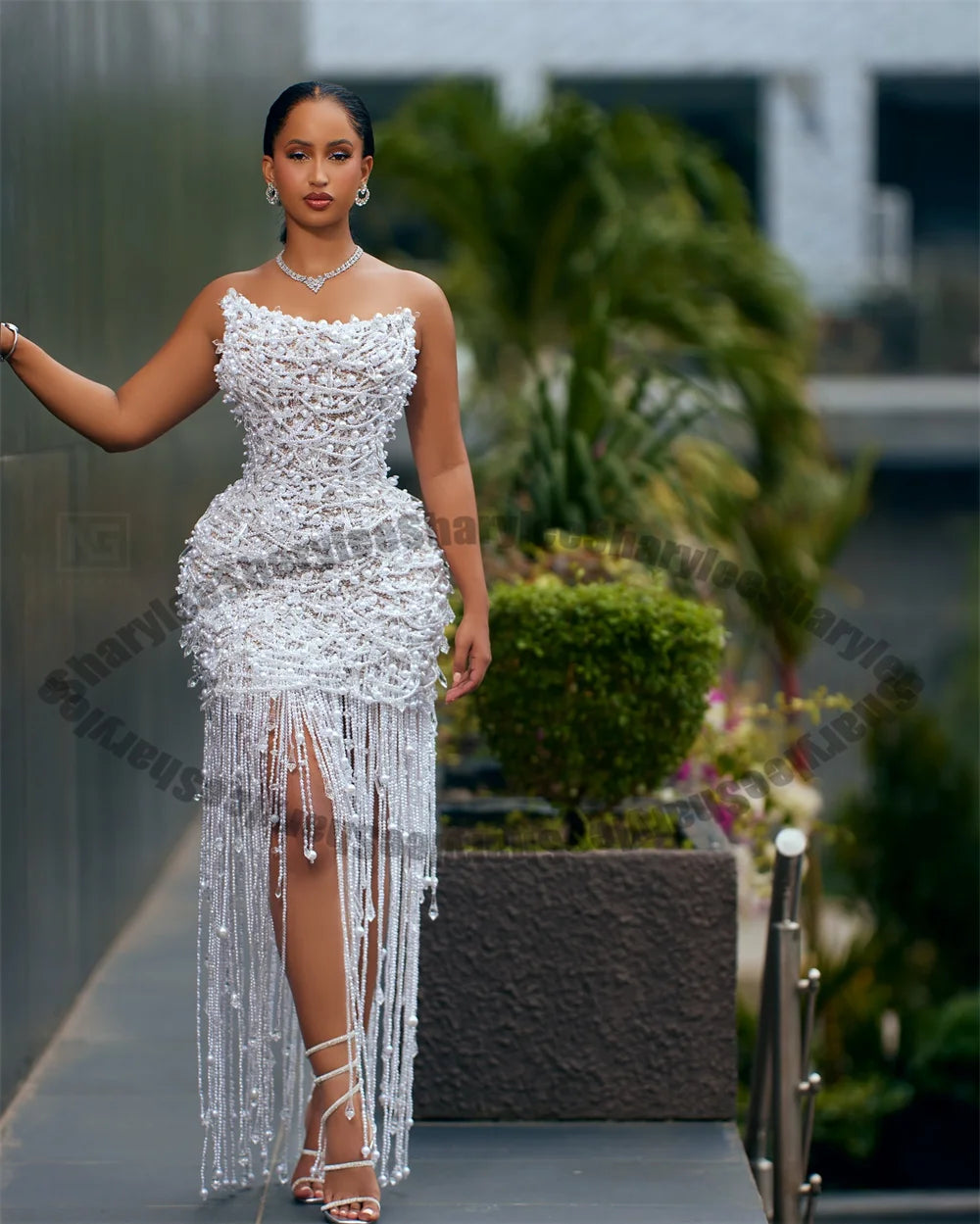 Evening Dress – Beaded Crepe Silhouette Slit – Ankle Length | KIMLUD