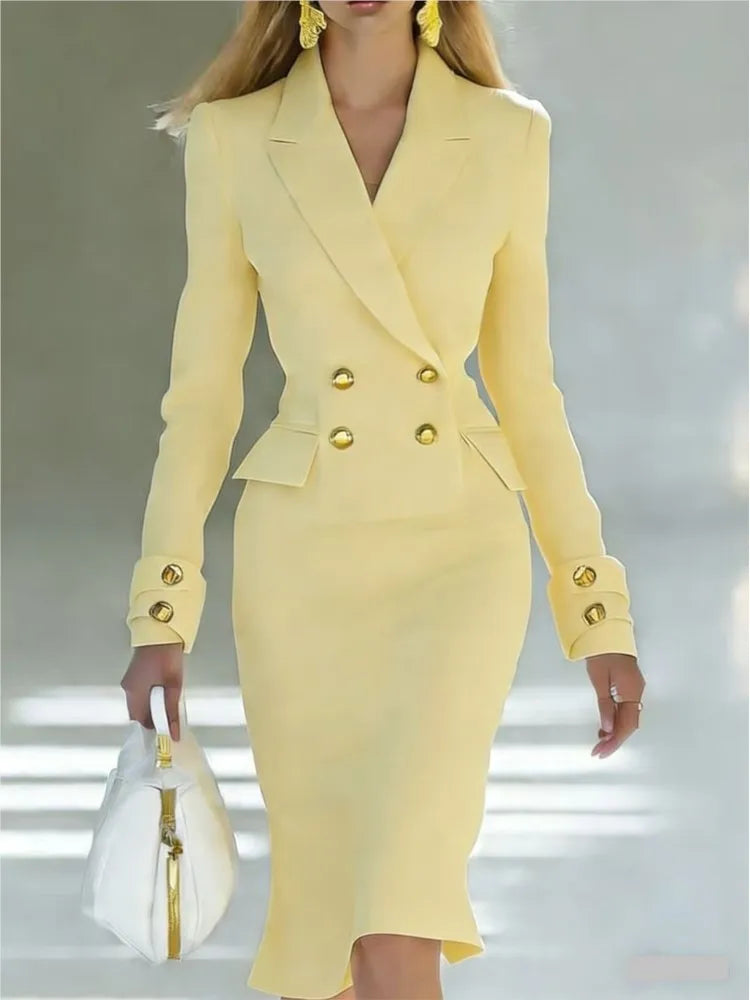Blazer Dress – V-Neck Double Breasted – Polyester – Slim Fit | KIMLUD